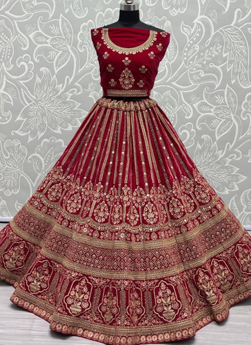 Heavy Velvet Dark Pink Multi Thread Work Bridal Lehenga Choli